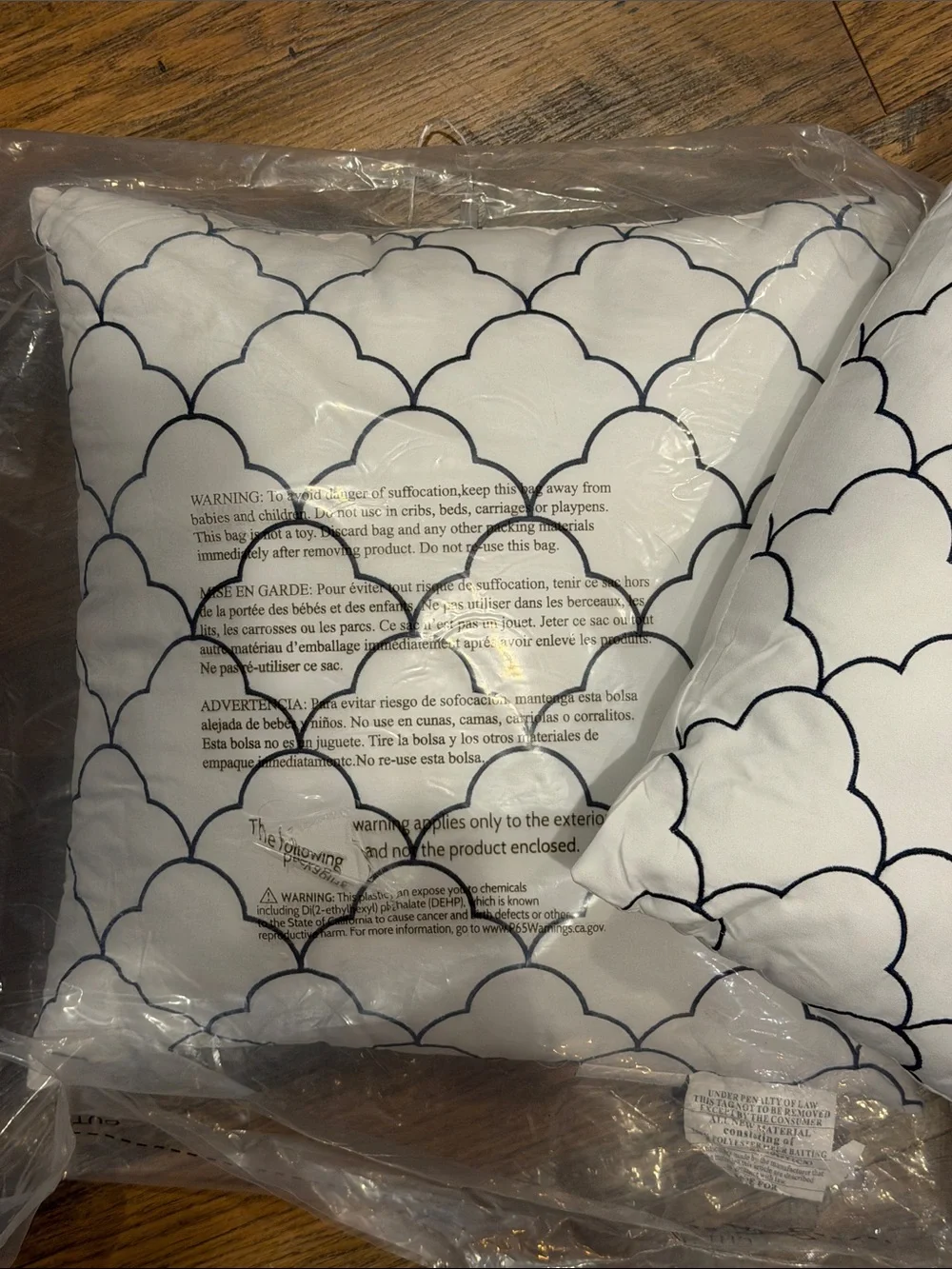 White Decorative Throw Pillow with Black Scallop Embroidery